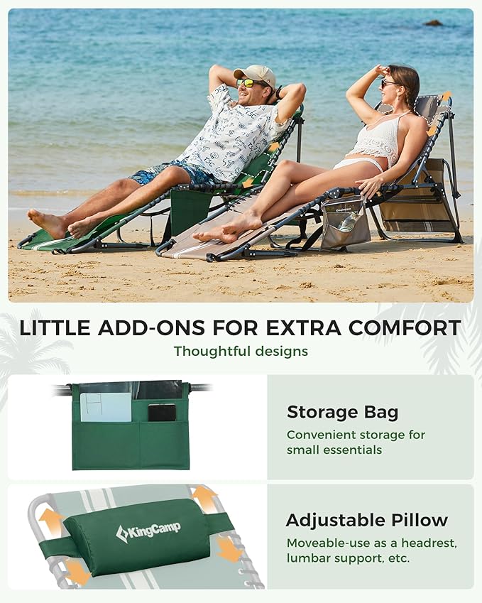 KingCamp Tanning Chair with Face Hole, Lounge Chairs Outdoor Folding Comfy Adjustable 5-Position Foldable Chaise Chaser with Canopy Shade for Outside Beach Patio Sun Bathing Pool, Green/White