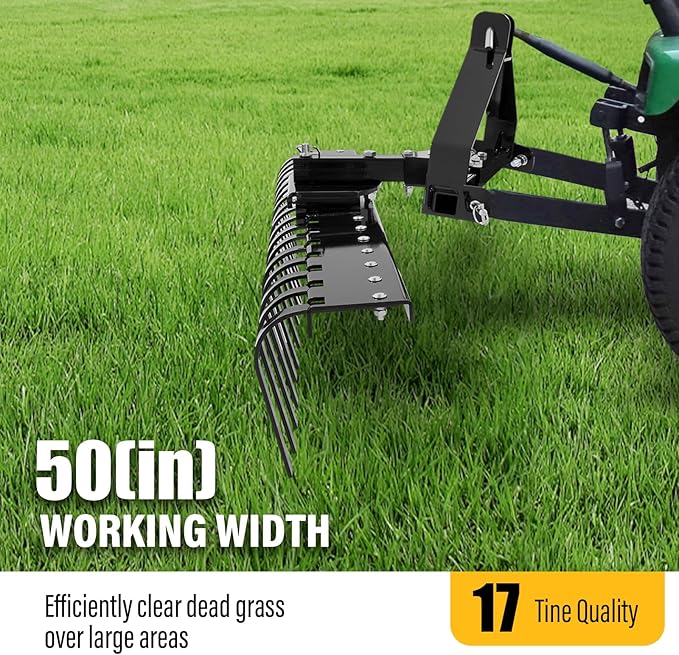 ECOTRIC 50In Landscape Rake Compatible with Category-0 Cat0 Tractor 3 Point & 5-Position Angle Adjustment for Garden, Farm, Grass Steel Powder Coated Black