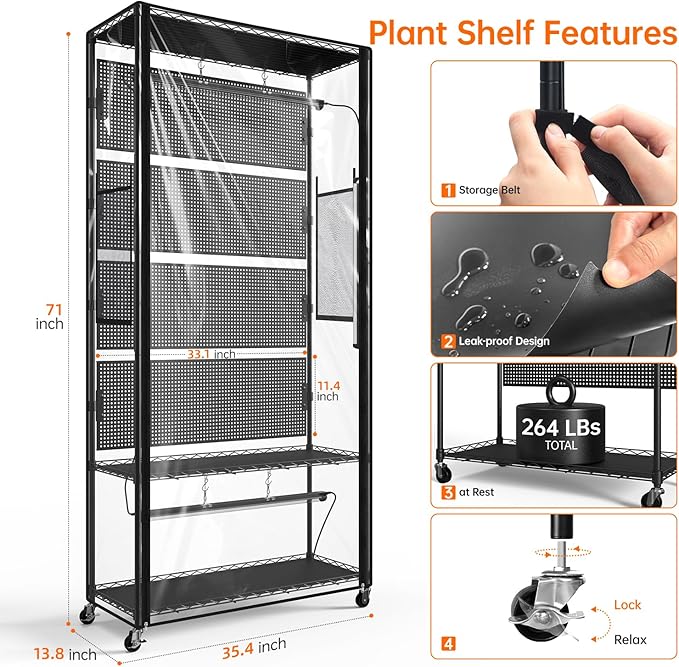 Bstrip Indoor Greenhouse Cabinet with Pegboard, Indoor Greenhouse with Grow Light, 4 Pack 96W Full Spectrum, ideal for Indoor Plant, Foliage Plants, 35.4"x13.8"x71"