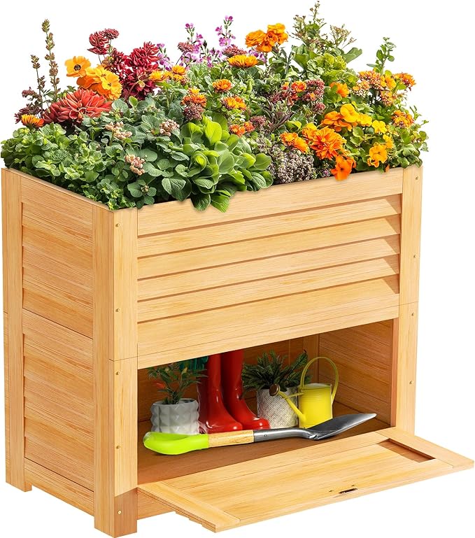 SUNYRISY Wooden Raised Garden Bed with Storage Box, 34" L x 18" W x 30" H Elevated Large Planter Box for Planting Herb Vegetable Flower Outdoor Indoor, Wood