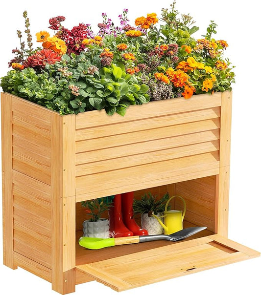 SUNYRISY Wooden Raised Garden Bed with Storage Box, 34" L x 18" W x 30" H Elevated Large Planter Box for Planting Herb Vegetable Flower Outdoor Indoor, Wood