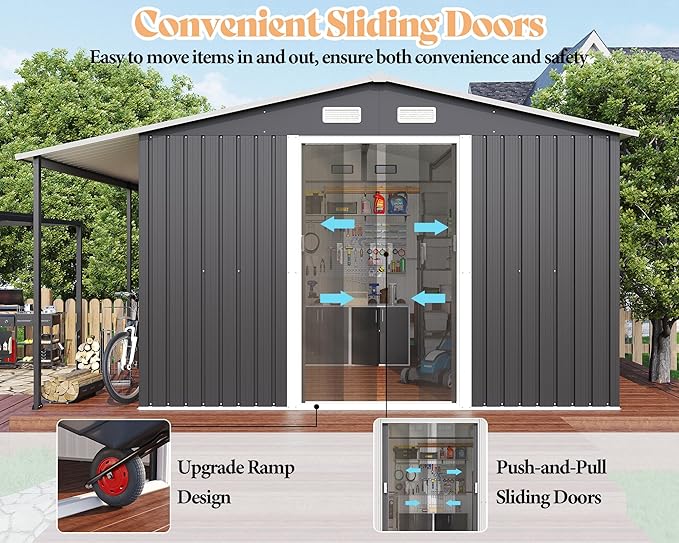 AMERLIFE 12x12x6.6 FT Galvanized Metal Storage Shed with Open Firewood Bay, Sliding Doors & Ramp, 2 Windows & Vents, Weather-Resistant Outdoor Tool/Garden Shed, Dark Grey/White