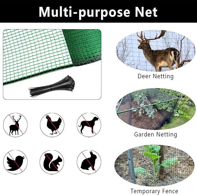 4x100ft Deer Fence Netting, Plastic Mesh Fence Heavy Duty Garden Fence Animal Barrier Garden Netting for Plants Fruit Trees Vegetables Against Deer, Birds, Rabbits, Chickens and Other Animals, Green