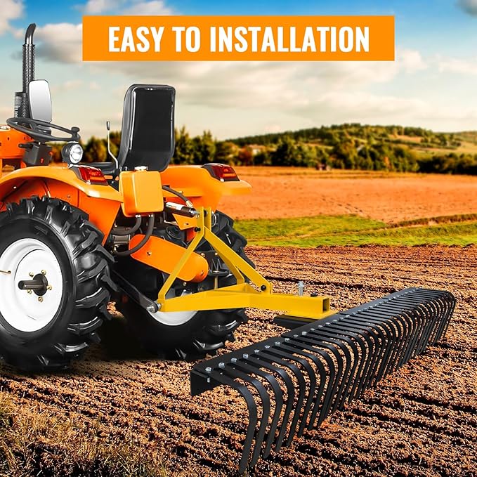 60 Inch 3 Point Landscape Rake with Heavy Duty Tines and Pin Hitch Perfect for Category 1 Tractor, Lawn Tractor Rake Ideal for Lawn Care and Landscaping