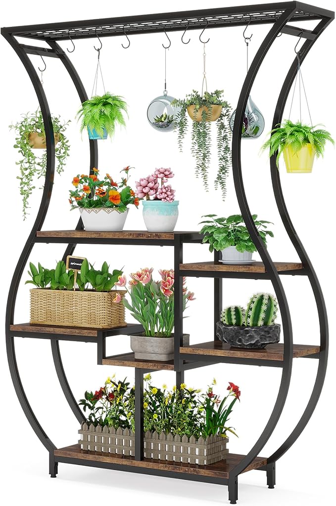 Tribesigns 6-Tier Plant Stand, 70.9 Inch Tall Plant Shelf with 10 Hanging Hooks, Vase Shape Ladder Plant Stand, Multi-Purpose Plant Display Rack for Indoor, Balcony, Living Room, Brown and Black