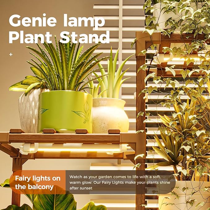 Bamworld Tall Plant Stand with Grow Lights Large Indoor Plant Shelf for Multiple Plants Pots Wood Flower Stand Flower Holder for Living Room, Patio, Balcony, Garden Decor, Brown