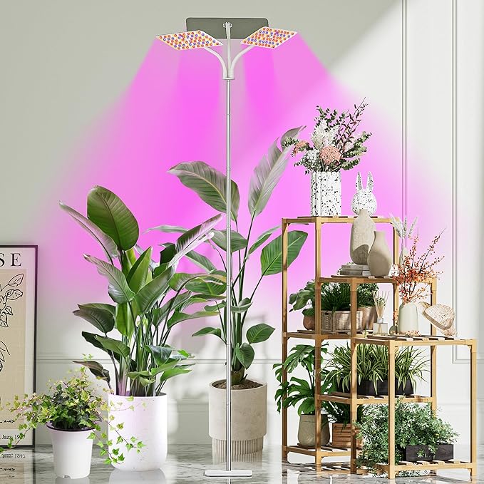 KINGPLUS Grow Lights with Stand, Three Heads, Full Spectrum LED Grow Light for Indoor Plants, 360 Leds, 4 Dimmable Levels, Timer 4/8/12h, 12-60inches Height Adjustable, 48w, Ideal for Desk Small Plant