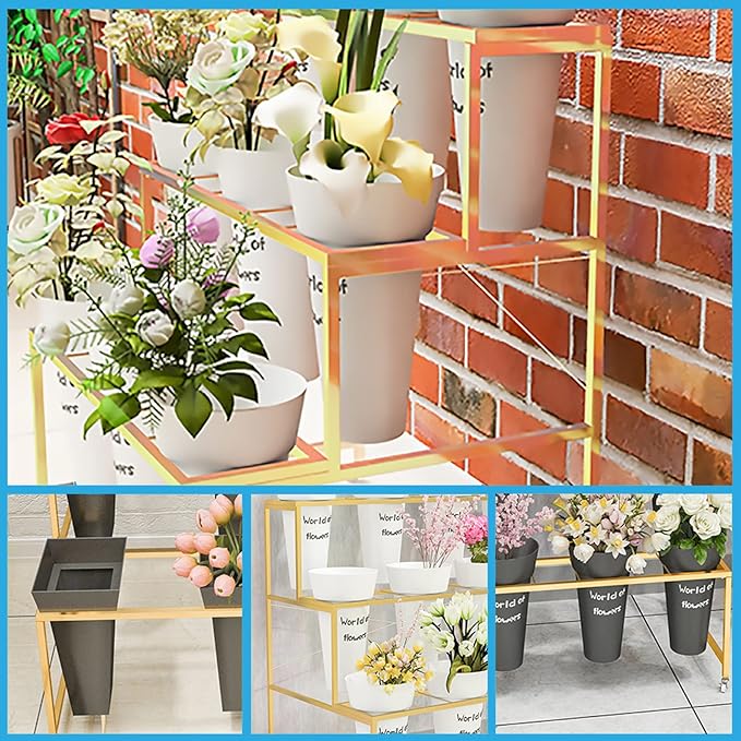 Flower Display Stand With 12PCS Buckets, 3 Layers Metal Plant Stand with Wheels, Heavy Duty Moving Plant Cart Shelf, for Indoor, Outdoor Patio Garden, Living Room, Florist (Black - Round Bucket)