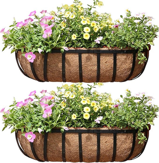 English Inviting Horse Trough Balcony Planter With Coconut LinerMetal Wall-Mounted Planter Box Deck Window Box 16 Inch (2 Pack)