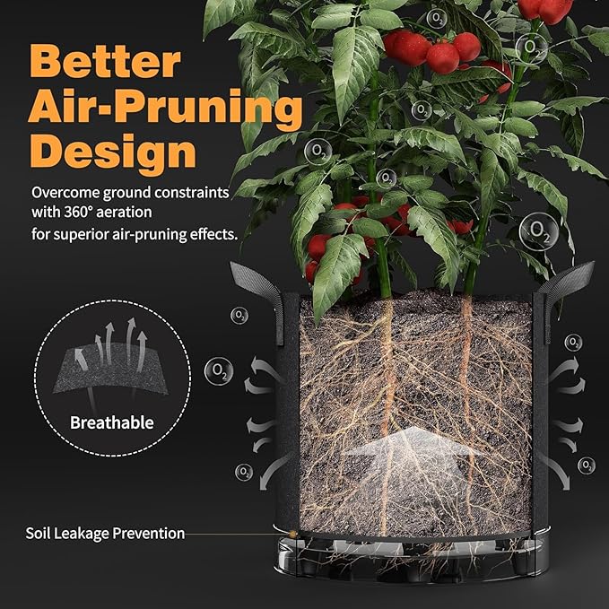 Self-Watering Grow Bags, 5-Pack 3 Gallon 420G Thick Nonwoven Fabric Pots with Reinforced Handles and Multi-Purpose Rings, for Low Stress Plant Training Fruits, Vegetables,and Flowers