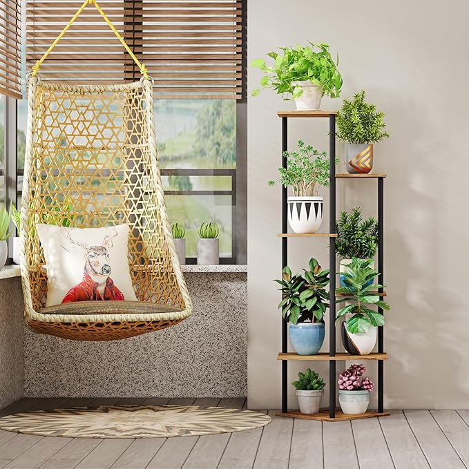 Tall Plant Stand Indoor, 6-Tier Modern Plant Shelf for Multiple Plants, Wood Metal Flower Holder for Living Room Balcony Bedroom, Rustic Brown