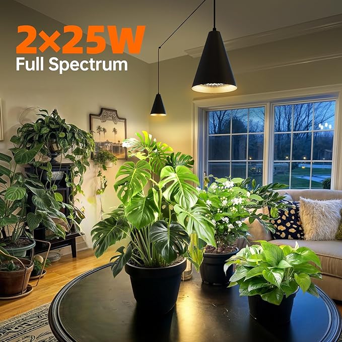 Bstrip 50W Double-Head Hanging Grow Lights for Indoor Plants, 3000K, Black LED Plant Light Bulbs with Timer and 16.4FT Power Cord, Perfect for Tall Plants, Gardens, Flowers, and Greenhouses