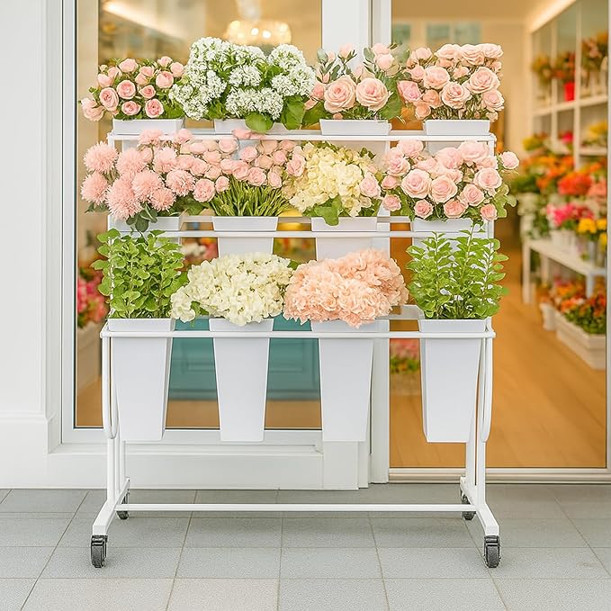 Dyale Flower Display Stand Frame, 3-Tier Flower Cart with Wheels, Metal Floral Display Rack , Moving Florist Bouquet Shelf for Shop ,Flower Bar, Events (White - 3 Tier)