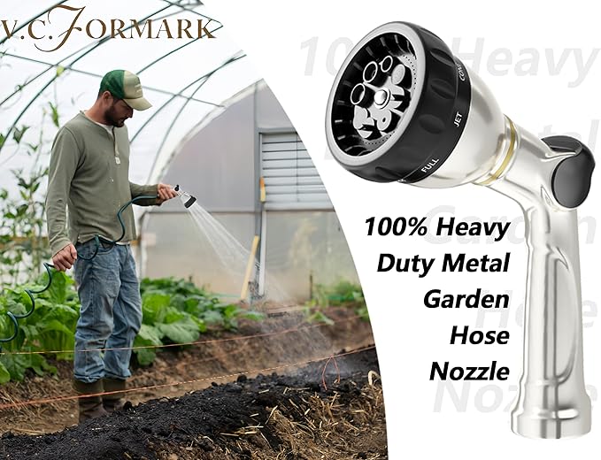 V.C Formark Heavy Duty Metal Garden Hose Nozzle,Thumb Control with 8 Patterns (Jet, Mist, Shower, Soaker),High Pressure & Anti-Leak for Lawn, Plant Watering, Car Washing, Pet Bathing,Window Cleaning