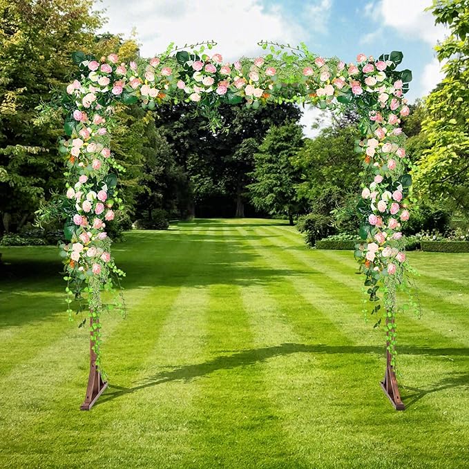 S AFSTAR 7.2FT Square Wedding Arch Frame Wooden, Balloon Floral Arch Stand W/Triangular-Shaped Base, 4 U-Shaped Stakes, Indoor Outdoor Wood Arbor Backdrop Stand for Wedding Ceremony Party