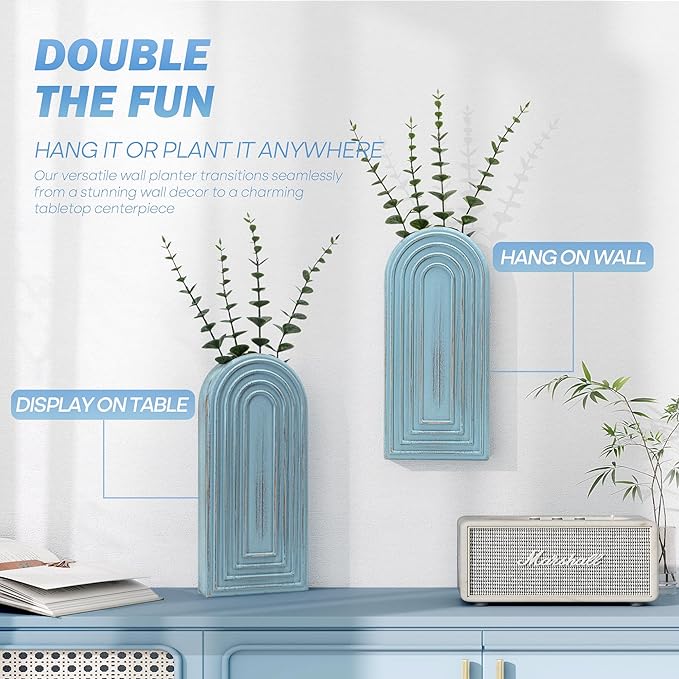 EOSAHR Pine Wood Boho Decor Wall Vases Set of 2– Decorative Wall Decor for Living Room, Bedroom & Bathroom – Coastal Hanging Planters for Indoor Plants, Fake Plants (Blue)