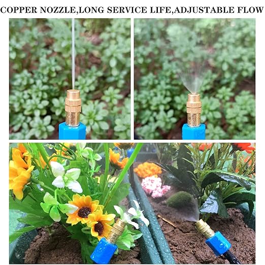 Drip Irrigation kit, 50FT 360 Degree Adjustable Copper Sprayer atomizing System,5/8mm(ID/OD) trubing Watering Plant Devices Nozzle Emitters Sprinkler Pneumatic Fittings Connection.