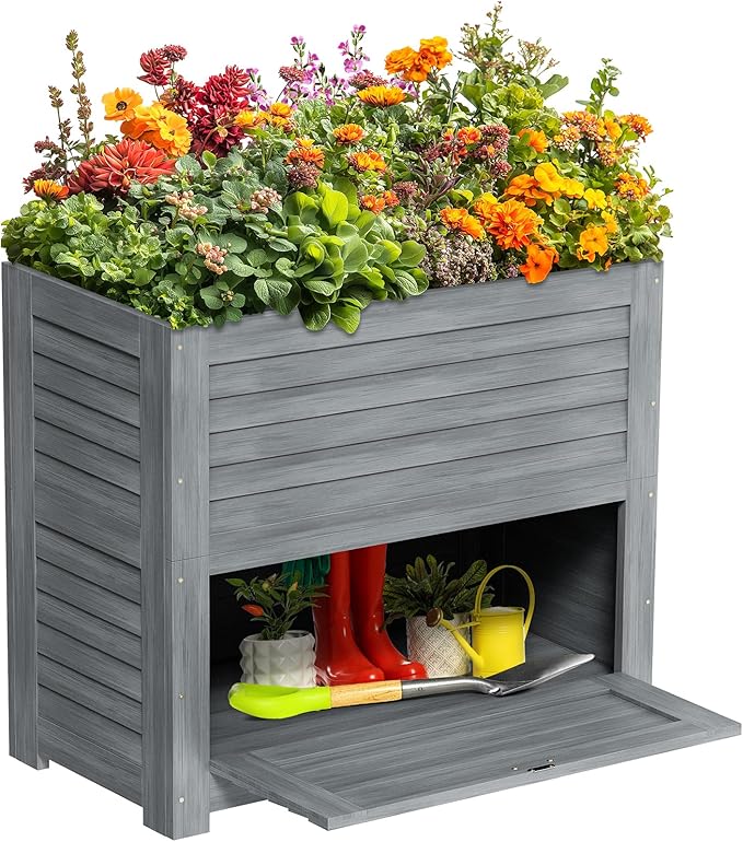 SUNYRISY Wooden Raised Garden Bed with Storage Box, 34" L x 18" W x 30" H Elevated Large Planter Box for Planting Herb Vegetable Flower Outdoor Indoor, Grey