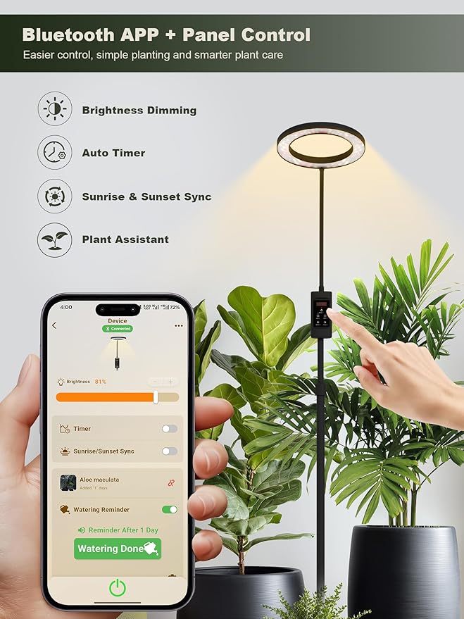 GLOWRIUM Smart Grow Lights for Indoor Plants, 24W Full Spectrum Plant Lights with Bluetooth App, Adjustable Height 47-70.9", Auto Timer, Indoor Plant Lamp for Large Tall Plants（Black 24W）