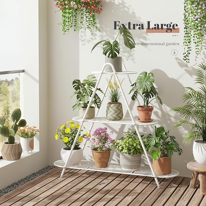 Plant Stand Indoor Plant Shelf Outdoor Corner Tall Plant Rack 3-Tier Large Metal Plant Holder Heavy-Duty Flower Rack for Patio,Living Room,Garden Decor (White)