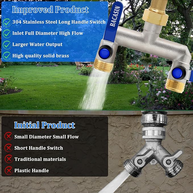 Brass Garden Hose Splitter 2-Way Heavy Duty - 3/4" GHT Threads with 2×304 Stainless Steel Handles, High Flow Design for Efficient Water Distribution
