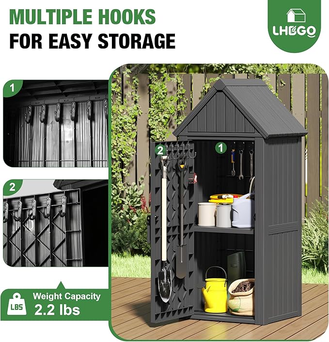 Outdoor Storage Shed with Door & Shelf, Large Capacity Weatherproof Garden Tool Cabinet with Multiple Hooks for Backyard, Patio, Lawn（Black