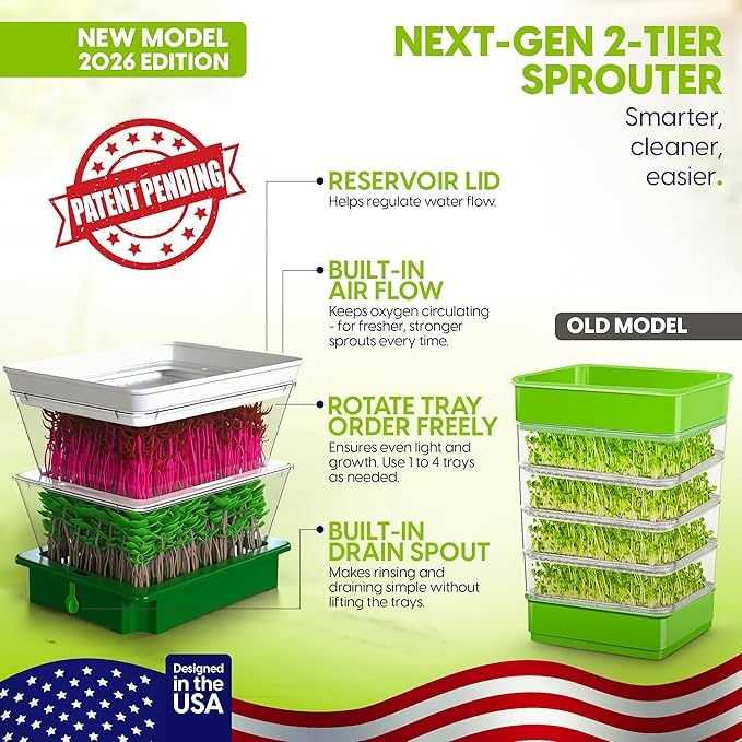 ZESTIGREENS 2-Tier Sprouting Kit with Drain Spout – Stackable Seed Sprouter Trays for Growing Fresh Sprouts at Home – BPA-Free, Easy Rinse & Drain System