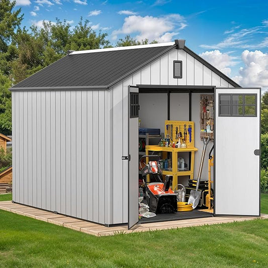 DWVO 8x10 FT Outdoor Storage Shed, 544 cuft Plastic Storage Shed with Floor & Lockable Door, All-Weather Tool Garden Shed with Window & Vent for Patio Furniture, Lawn Mower, Pool Supplies, Dark Gray