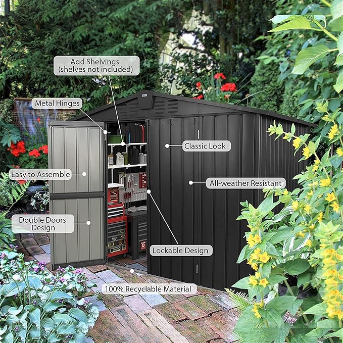 8.2x6.2ft Outdoor Storage Shed, Galvanized Steel Garden Shed with Gable Roof, Lockable Double Doors and 32 Air Vents, Large Utility Tool Storage for Backyard Patio