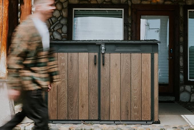 Keter Signature Collection All-Weather Storage Shed with Skylight, Window, Built-in Ventilation, Customizable Walls, & Lockable Double Doors, Walnut
