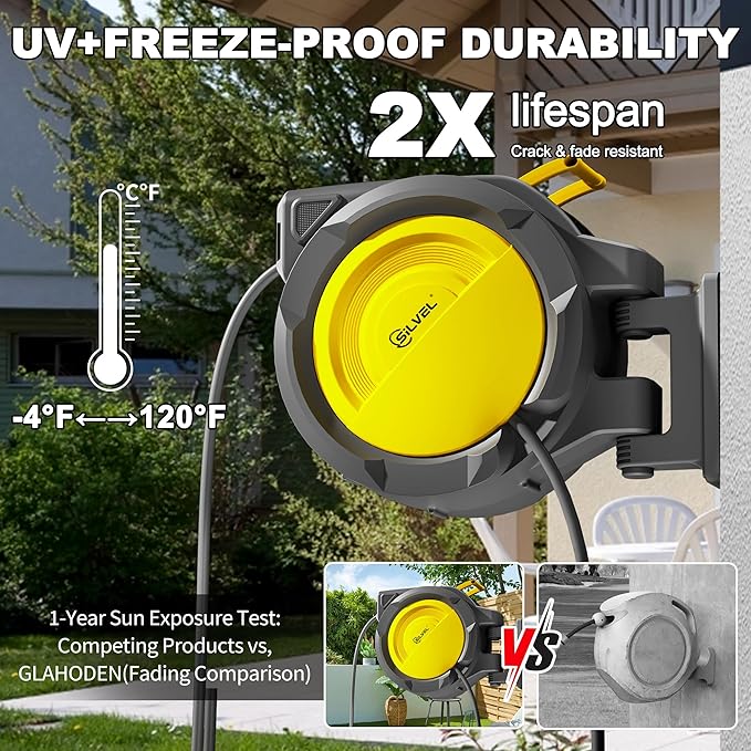 SILVEL Retractable Garden Hose Reel – 1/2 in x 150FT Heavy Duty Automatic Hose Reel Wall Mounted, UV Resistant with 10 Pattern Nozzle, Any Length Lock & Slow Return System, 180°Swivel Bracket, Yellow