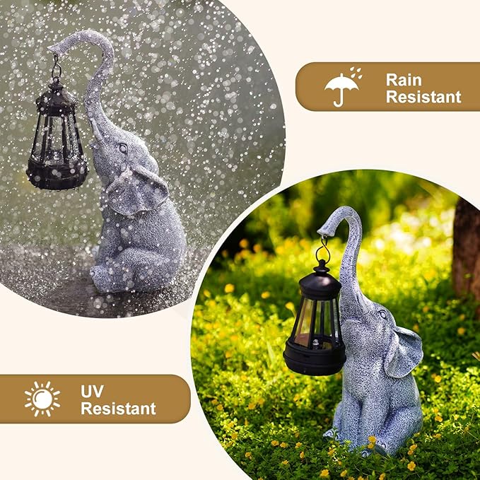 Garden Statues Elephant with Solar Lantern Outdoor Figurines Decorations for Patio Yard Lawn Ornaments Gifts for Birthday Mom Housewarming(Gray)
