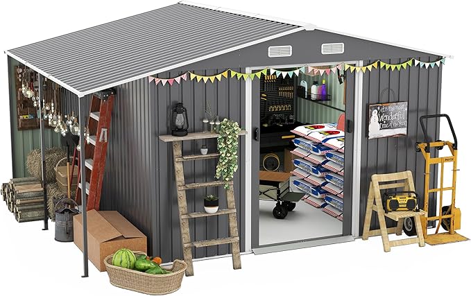 10x12 FT Outdoor Storage Shed,Extra Large Metal Garden Tool Shed with Lockable Doors,Windows & Air Vents,Dual-Zone Design Outside Steel Tiny House for Backyard, Patio Lawn,Dark Gray