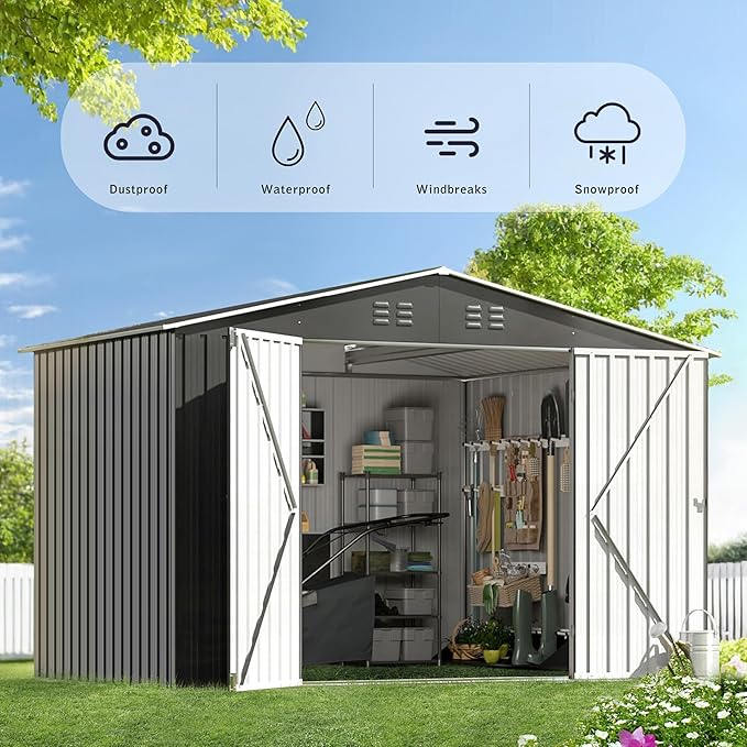 Metal Garage Shed 10x20 FT, Sheds & Outdoor Storage Clearance, Outdoor Storage Shed for Car, Truck, Bike, Lawnmower, Backyard Tool House, Boasting 2 Doors and 4 Vents, Dark Gray