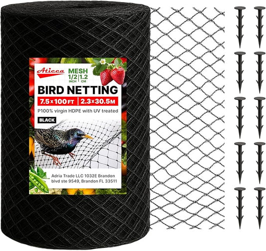 Heavy Duty Bird Netting for Garden Protection & Fruit Trees, 7.5x100 Ft with 10 Stakes – Black Anti-Bird Net for Poultry, Deer, & Squirrel Protection, Durable Nylon Mesh for Garden and Yard Use