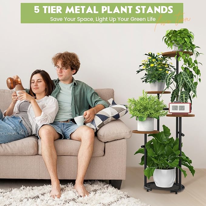 TOSKING 5 Tier Metal Plant Stand Indoor， Plant Shelf, Corner Shelf Flower Pot Stand for Outdoor Plant Stand for Living Room Balcony Garden Patio Bedroom (Black and Brown, 42in)