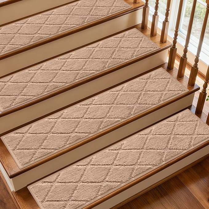 JOENIE Non-Slip Edging Stair Treads Carpet Mat 30inX8in Indoor Stair Runners for Wooden Steps, Edging Stair Rugs for Kids and Dogs, 100% Polyester TPR Backing (Beige, 4pc)