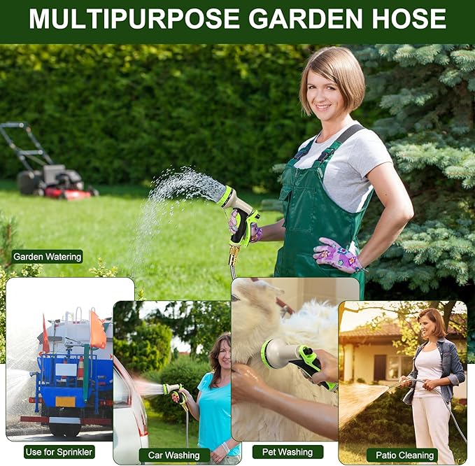 Garden Hose Metal 50 FT, Stainless Steel Hose, Water Hose with 10 Function Nozzle & Brass Nozzle, Lightweight, No Kink & Tangle, Easy to Use & Store, Heavy Duty Metal Hose for Yard and Lawn