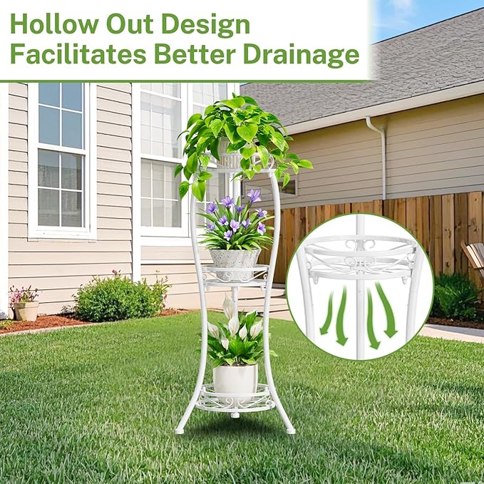 iDavosic.ly 3 Tier Tall Metal Plant Stand Indoor Outdoor, Wrought Iron Corner Flower Pot Holder Shelf, 34 Inch Vertical Display Rack for Patio Porch Living Room Garden, White