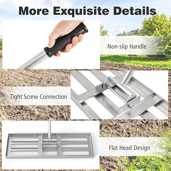 30" x 10" Lawn Leveling Rake, Heavy Duty Landscape Rake with 67" Handle, Non-Slip Grip & Flat Head, Space-Saving Lawn Level Tool for Garden, Backyard, Golf Course & Sports Field(Silver)