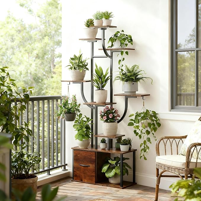 cebihy 9 Tiered 59'' Plant Stand Indoor with Grow Light 3 Color Modes, Plant Shelf with Drawer, 10 Brightness Levels, Timer, Wide Base, Corner Plant Stands for Living Room, Balcony (Tall 59'')