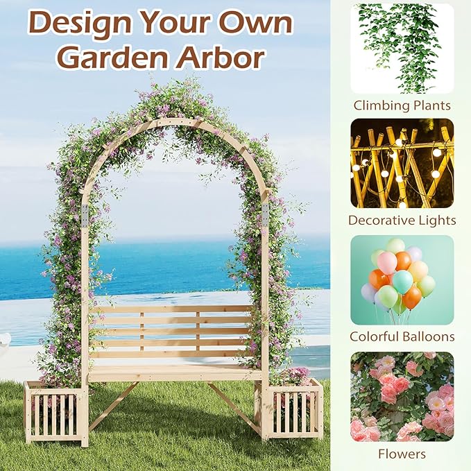 Happygrill Garden Arbor with Bench & 2 Planter, Wooden Garden Arch for Climbing Plants w/Love Seat, 2 Trellises & Planting Box to Grow Grapes & Vines, 2-Person Outdoor Wood Seating for Patio, Backyard