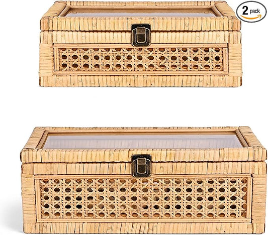 Rattan Decorative Box with Lid, Rectangular Woven with Glass for Display, Set of 2 Wicker for Decor