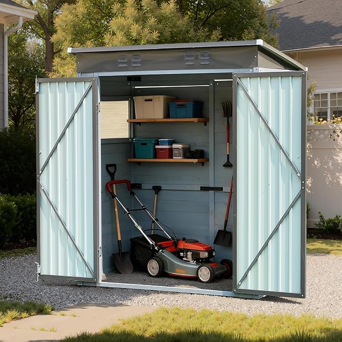 3x5ft Solid Wood & Steel Outdoor Storage Shed with Lockable Double Doors & Ventilation Windows for Garden, Lawn, Patio