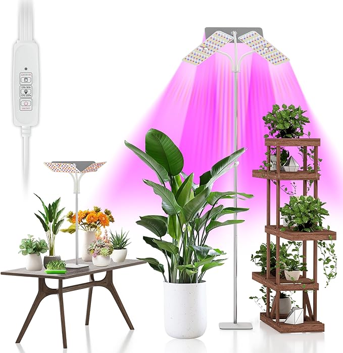 KINGPLUS Grow Lights with Stand, Three Heads, Full Spectrum LED Grow Light for Indoor Plants, 360 Leds, 4 Dimmable Levels, Timer 4/8/12h, 12-60inches Height Adjustable, 48w, Ideal for Desk Small Plant