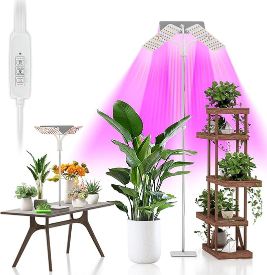 KINGPLUS Grow Lights with Stand, Three Heads, Full Spectrum LED Grow Light for Indoor Plants, 360 Leds, 4 Dimmable Levels, Timer 4/8/12h, 12-60inches Height Adjustable, 48w, Ideal for Desk Small Plant
