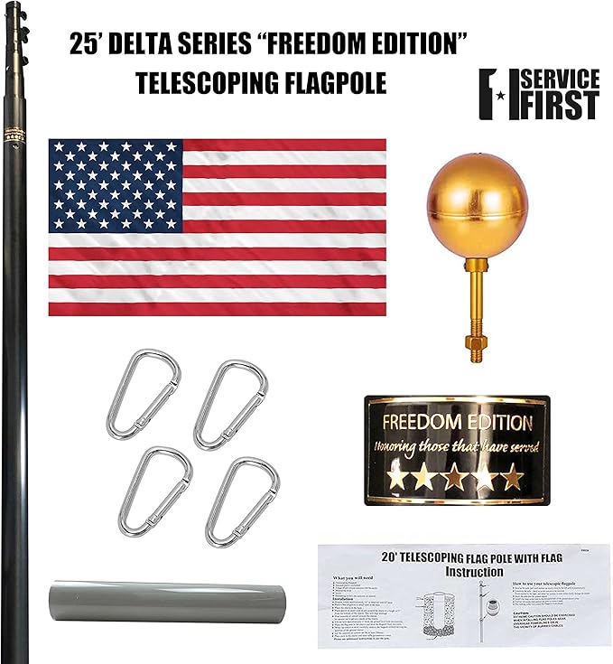 Service First 25FT Flagpole Kit Freedom Edition Black Telescoping For Outside House In Ground - Anti Tangle Swivel Ring Design - 100MPH Wind Tested