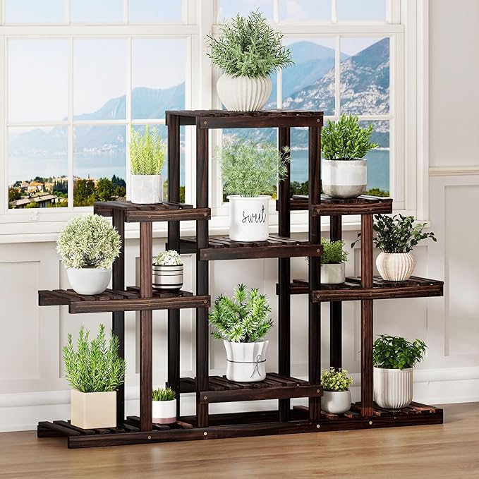 Giantex Plant Stand Indoor & Outdoor, 6 Tier Wood Flower Pot Stand for Multiple Plants, Plant Holder Display Rack, Ladder Storage Rack Plant Shelf for Living Room Balcony Garden Patio