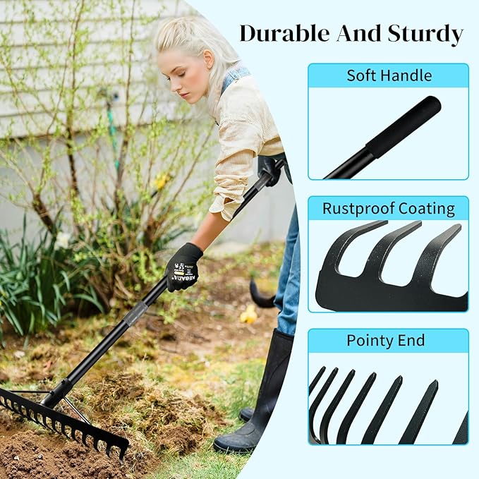 Heavy Duty Bow Rake Garden Rake with Stainless Steel Handle with 16 Steel Tines Garden Tool for Loosening Soil Gathering Leaf Leveling Lawn Farming Land Management Yarn Thatch Rakes