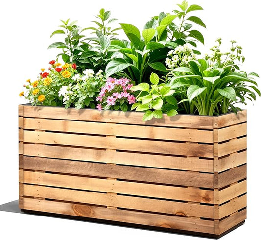 FENCY Large Metal Planter, Large Rectangular Planters for Outdoor Plants, Tall Outdoor Planters for Porch Patio, 32" L x 15" W x 16.3" H Walnut Finish Metal Planter with Drainage Hole